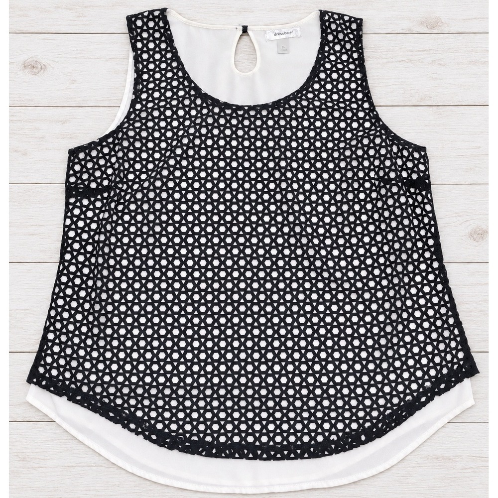 Dressbarn Tank Top Black White Geometric Laser Cut Layered Sleeveless Modern XL